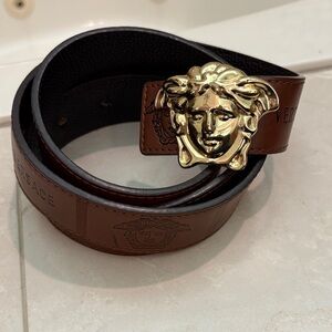 Versace Brown Belt with Gold Medusa Buckle